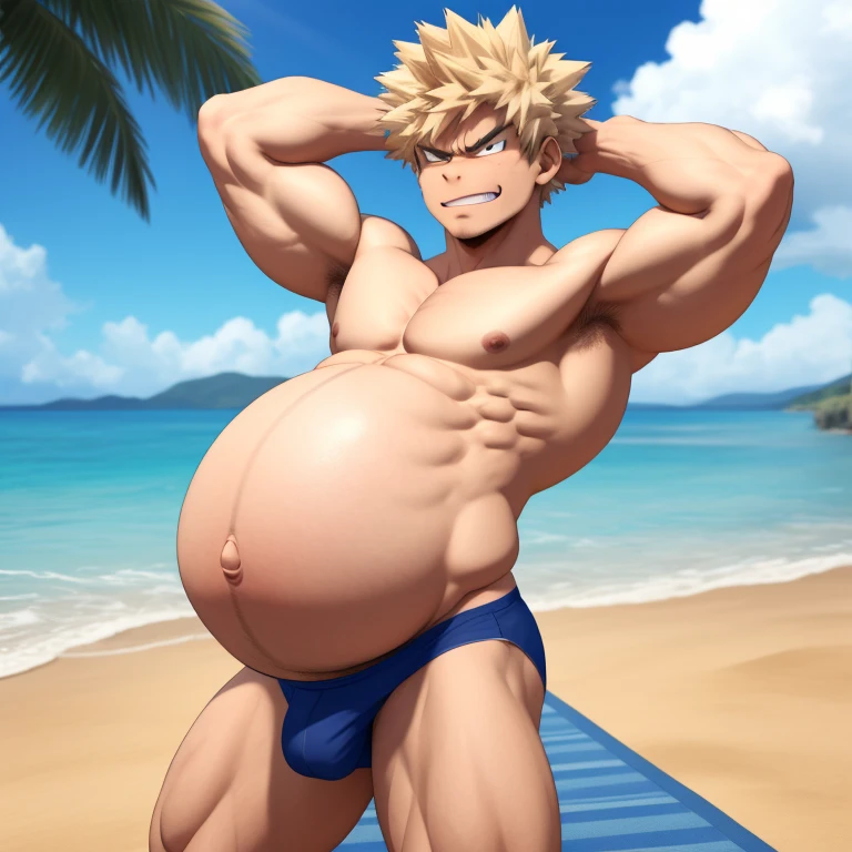 masterpiece, 3d, Bakugo Katsuki, muscled, chilling at the beach, no shirt, pregnant, big pregnant, belly, hands on back of head, only wearing underwear, angry smile