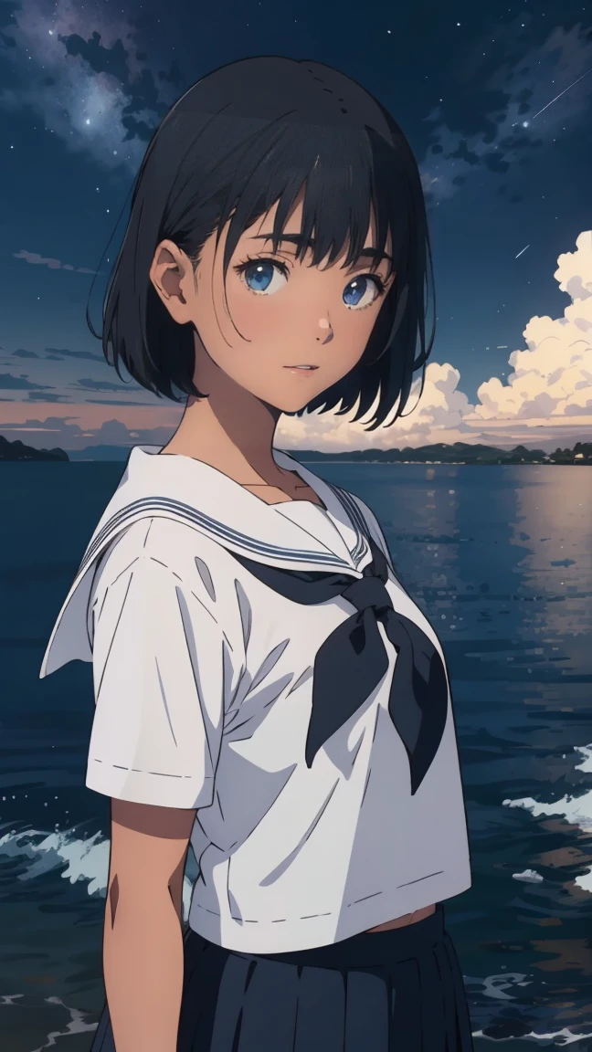 {{kofune mio}}, {summertime render}, blue eyes, black short hair, 16 years old, medium breasts, tan, , white serafuku, short sleeves, black neckerchief, white sailor collar black pleated skirt,1girl, solo,from front, facing the front, looking at viewer, straight-on, close to viewer, year 2023,,very aesthetic, best quality, amazing quality, ,curated, illustration, highly detailed, anime coloring,Night sea background, Starry Sky, Embarrassed smile