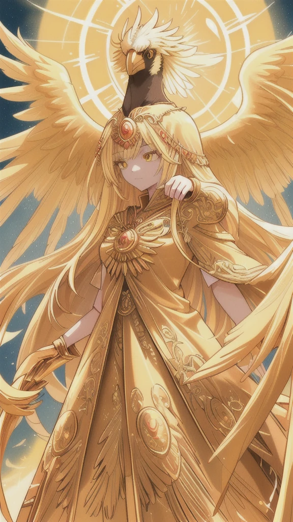 three-legged golden crow,illustration,powerful wings,regal feathers,bright golden beak,fiery eyes,mythical creature,mythology,legendary,celestial bird,majestic pose,vivid colors,detailed plumage,glowing aura,ethereal,divine,shining sun in the background,superb details,(best quality,ultra-detailed,highres:1.2),sharp focus,rich textures,striking contrast,mesmerizing artwork,artistic interpretation