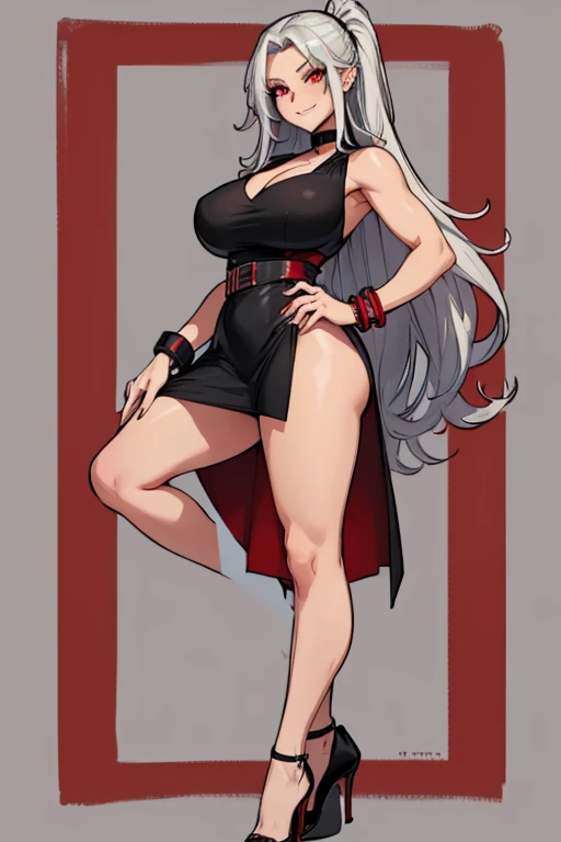 female, silver long hair with black highlights, red eyes, (((1girl))), (((red sleeveless dress))), (black heels), (black bracelets), (black choker with ruby), cute and sexy, full body, huge breasts, large butt, long legs, smiling