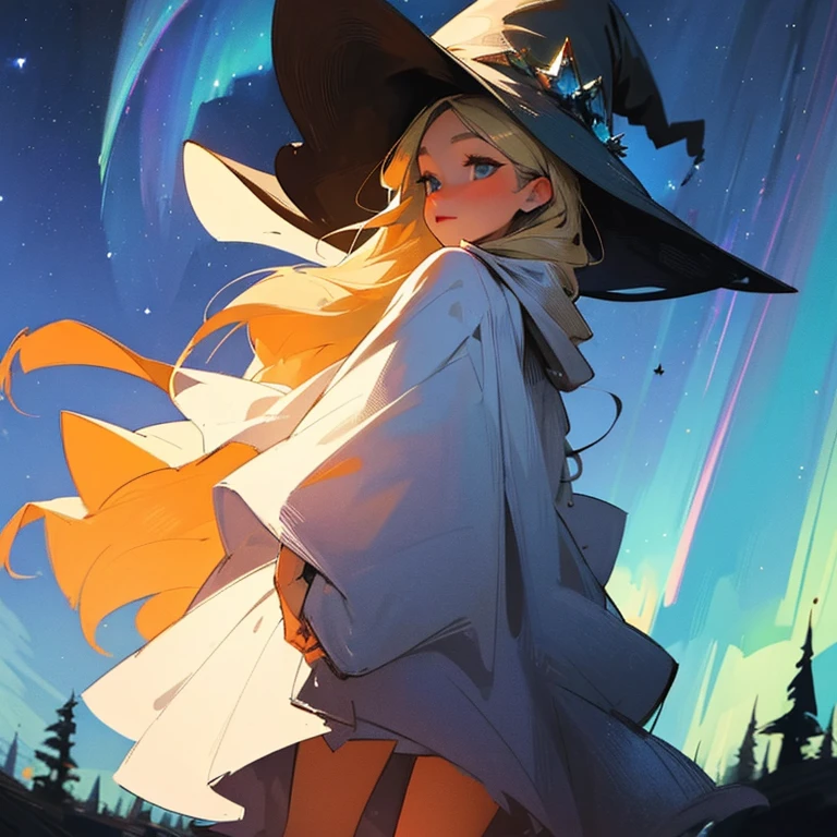 ((Masterpiece:1.2, Best quality)), 1girll, Solo, (Witch hat), Blonde hair, Long hair, dress, aurora, Night, Star (sky), mitts, sky, White dress, Night days. Foxes. Wolfes. Magic.