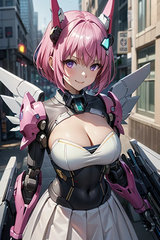 top-quality,Top image quality,​masterpiece,neon light,cyber punk:1.2,science fiction,super fin concept art,1 Mecha Girl, wear sailor suit and white skirt and black tie under armor:1.3),((18year old,white mech arms,mech shoulder,energy wings:1.2,mech headgear,mech ears:1.2,mech skirt:1.2,mech accesary,holding weapons in both hands:1.1)),pink short hair,purple eyes,cleavage,pov,Chest energy,Dye cheeks,hiquality,depth of fields,Background or futuristic city,metropolis of future,upper body shot,expressionless,battle pose,smile