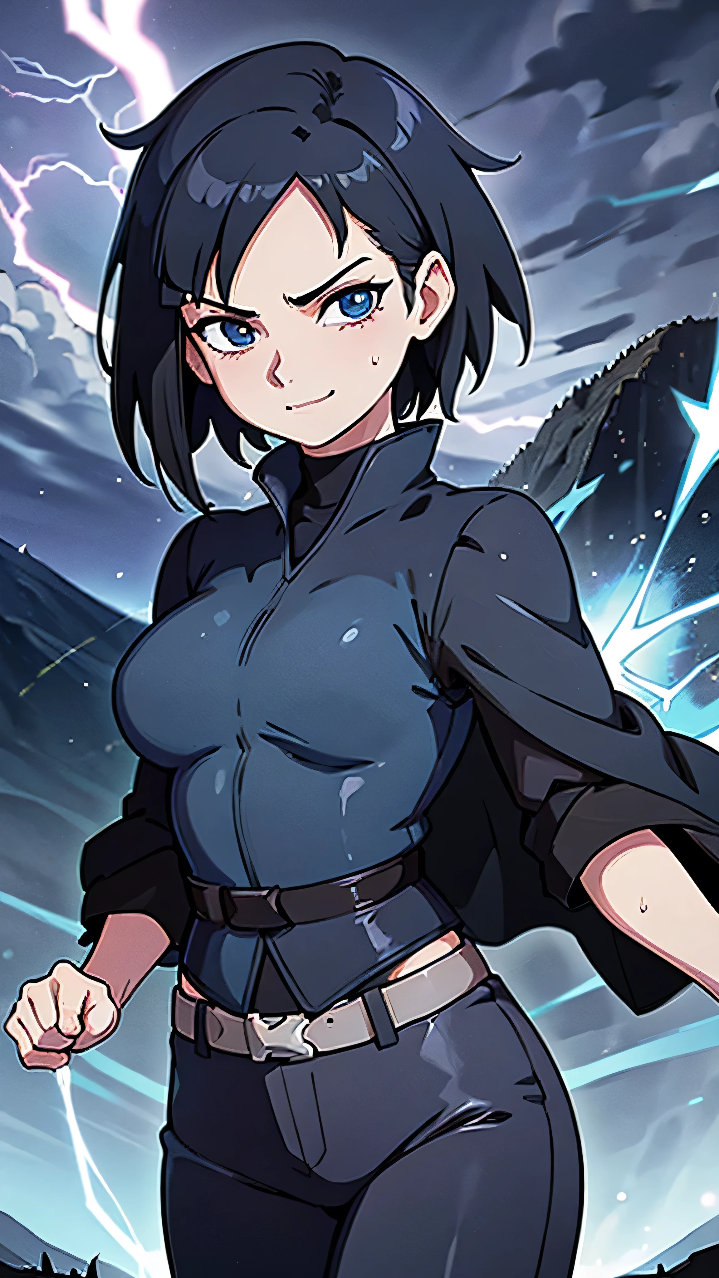 1girl, highly detailed, masterpiece, best quality, correct hands, medium breasts, short black hair, short hair, blue eyes, black robe, black pants, purple shirt, black vest, defined curves, smug smile, mountain background, storm, lightning, stormy atmosphere, flying, floating above the ground, surrounded by lightning, static sparks, holding a sword
