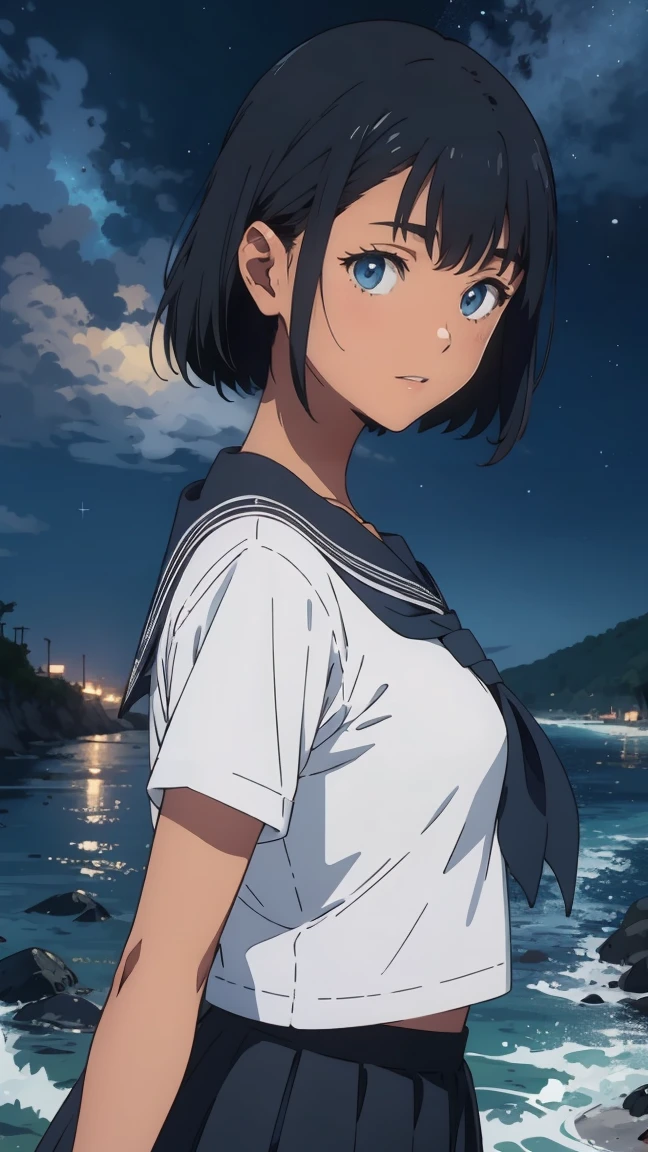 {{kofune mio}}, {summertime render}, blue eyes, black short hair, ************, medium breasts, tan, , white serafuku, short sleeves, black neckerchief, white sailor collar black pleated skirt,1girl, solo,from front, facing the front, looking at viewer, straight-on, close to viewer, year 2023,,very aesthetic, best quality, amazing quality, ,curated, illustration, highly detailed, anime coloring,Night sea background, Starry Sky, smile