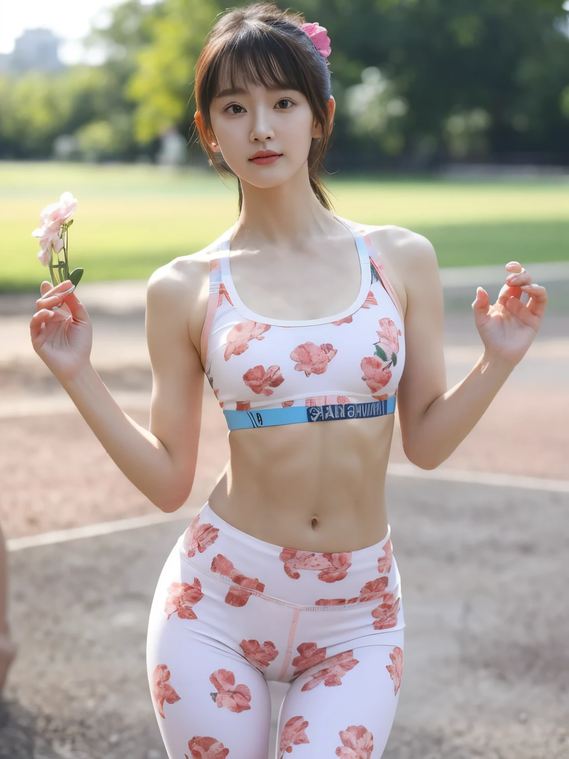 ((highest quality)), ((masterpiece)), (detailed), Tabletop:1.0), (highest quality:1.4), (High resolution:1.2), Realistic:1.4,8k, RAW Photos:1.2,Sharp focus:1.2,((A beautiful park in soft sunlight:1.2)),One -faceanese woman, Beautiful symmetrical eyes,A 24-year-old simple and beautiful idol,Thin and slightly thin eyebrows, (Blonde Bob Hair),(Beautiful white detailed skin:1.3),Serious face,Closed Mouth,((Super tight Flower print pink sports bra with very short length:1.5)), ((Super tight compression flower print pink very row-rise sports leggings:1.5)),((Very slim body type:1.3)),((Fine abdominal muscles:1.3)),((Extremely flat and small breasts:1.6)),(Narrow waist:1.4),(Small Ass:1.2),Muscular and slender limbs:1.3,Broad shoulders:1.35,full body:1.2,Cowboy Shot:1.2,The groin is visible:1.1,The hip bones are visible:1.4,Standing from the front,Short torso:1.5,Raise one hand:1.2