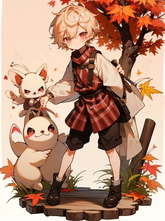 Tabletop, Perfect Face, highest quality, highest quality, Boys Great Designers, Whole Body Ezbian,8k resolution, Ultra-high quality output,Dreamy、Soft、High quality high resolution boy shota ((Short hair, light hair, pink eyes, light pigmentation ))autumn服 Plaidのショートパンツ ニット もこもこ 立ち絵 全身 キャラクターデザイン キャラクターシート 動きがある 躍動感 笑顔 かわいい 等身低め 本を持つ ベレー帽 膝丈ズボン(Plaid、Brown、autumn) 