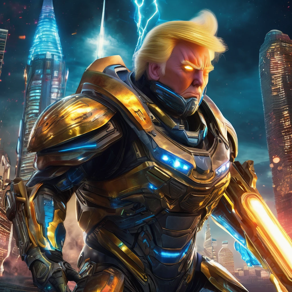 (best quality,4k,8k,highres,masterpiece:1.2),ultra-detailed,(realistic,photorealistic,photo-realistic:1.37),Donald Trump in sci-fi armor,US flag motif,power sword,laser pistol,saving a damsel in distress,spiky tentacle alien,heroic pose,astonishing battle scene,explosive background,lightning effects,strong and confident expression,vivid colors,high-tech armor design,shiny metallic texture,glowing insignias,sci-fi environment,intergalactic cityscape,advanced technology,extraterrestrial creatures,highly detailed facial features,distressed damsel with flowing hair,thankful expression,energetic action,ominous atmosphere, cinematic lighting, dynamic composition, epic storytelling