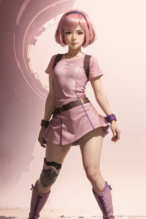 Young man, full body photo, short cut hair, full round face, short smile, Knee-high boot, front view, mid-shot, highly detailed, cinematic wallpaper stephanie(lt), pink hair, purple hairband, pink clothes, pink dress, 