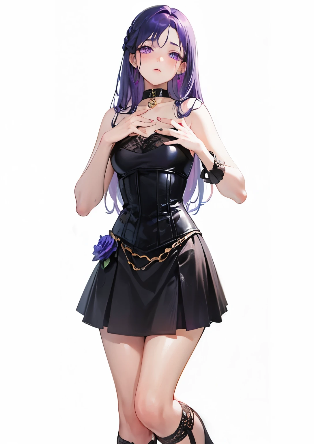 1 girl, 16 yo, Arrange pose,Top quality work，Show Legs，((long two colored silver-purple hair)),(purple eyes), Rose cheeks, Pretty Face, A perfectly proportioned face,  wearing simple jeans black corset and black skirt,(bare hands), full-body view， amazing, small round chest、Beautiful eye details、Beautiful eyelashes、beautiful double eyelid, with blush cheeks,
