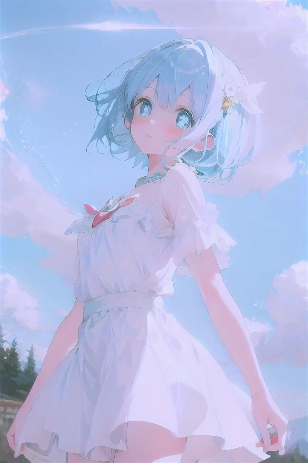Beautiful illustrations, highest quality, Cute girl, (Conversion Sequence), Transformation Magical Girl, , White Magical Girl, Fractal Art, albino, Baby Fel blue hair,short hair,, Beautiful and exquisite blue eyes, Cinema Lighting, Cowboy Shot, View your viewers, From below, Happy,Slightly droopy eyes,Holding a cigarette,