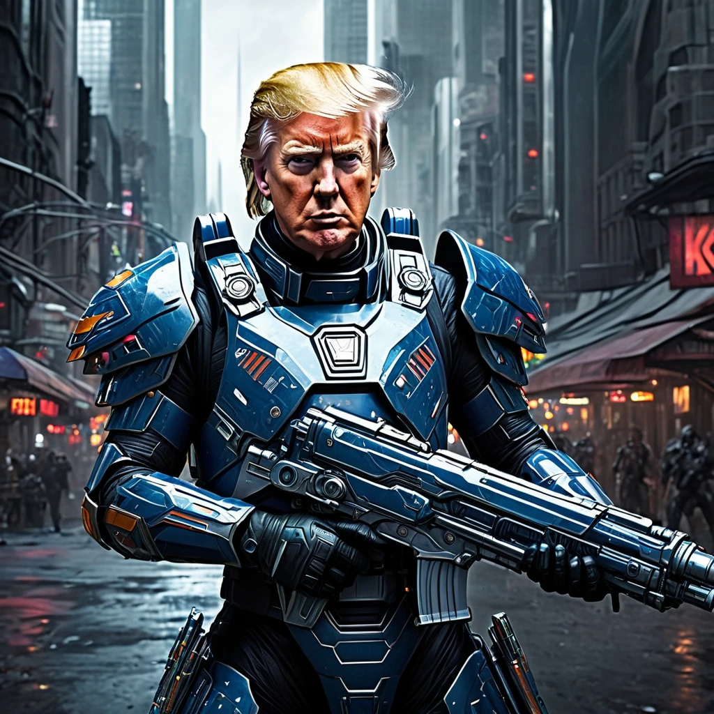 (best quality,4k,8k,highres,masterpiece:1.2),ultra-detailed,(realistic,photorealistic,photo-realistic:1.37),Donald Trump in sci-fi armor,US flag motif,power sword,laser pistol,saving a damsel in distress,spiky tentacle alien,heroic pose,astonishing battle scene,explosive background,lightning effects,strong and confident expression,vivid colors,high-tech armor design,shiny metallic texture,glowing insignias,sci-fi environment,intergalactic cityscape,advanced technology,extraterrestrial creatures,highly detailed facial features,distressed damsel with flowing hair,thankful expression,energetic action,ominous atmosphere, cinematic lighting, dynamic composition, epic storytelling