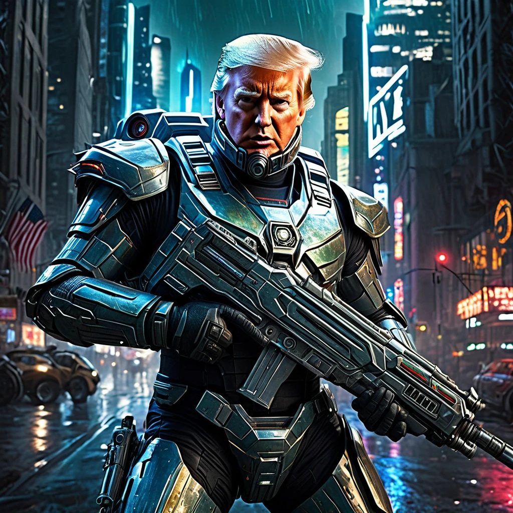 (best quality,4k,8k,highres,masterpiece:1.2),ultra-detailed,(realistic,photorealistic,photo-realistic:1.37),Donald Trump in sci-fi armor,US flag motif,power sword,laser pistol,saving a damsel in distress,spiky tentacle alien,heroic pose,astonishing battle scene,explosive background,lightning effects,strong and confident expression,vivid colors,high-tech armor design,shiny metallic texture,glowing insignias,sci-fi environment,intergalactic cityscape,advanced technology,extraterrestrial creatures,highly detailed facial features,distressed damsel with flowing hair,thankful expression,energetic action,ominous atmosphere, cinematic lighting, dynamic composition, epic storytelling