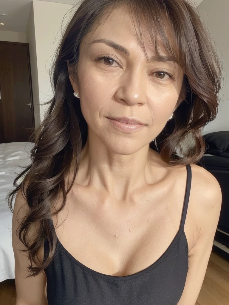 NSFW, ((Best Quality)), ((8K)), ((Masterpiece: 1.3)), (Perfect Appearance), (Photorealism: 1.6), (A woman in a camisole stands by the bed), Bedroom, night, luxurious furniture, Japanese woman, 47 years old, (realistic skin texture)), (overall skin fine lines: 1.3), (skin dullness: 1.1), (skin without moisture): 1.2 ), (skin wrinkles) Face: 0.9), (crow's feet: 1.2), double eyelids, tear sacs on lower eyelids, (crying mole: 0.9), eyes facing towards you, serious expression, ( Dimples: 1.2), medium long hairstyle, gentle smile, eyes looking towards you, short hairstyle, silk camisole, lace camisole, (focus on upper body: 1.4), low angle,