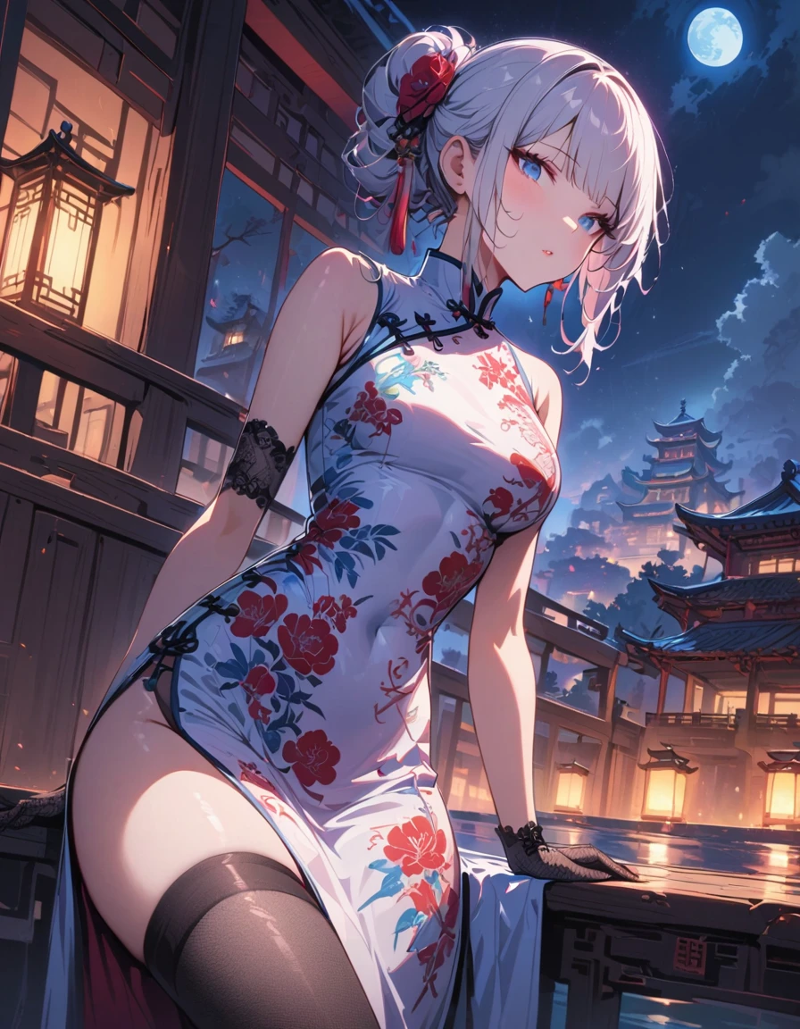 masterpiece, the best, night, full moon, 1 adult woman, solo, Chinese Architecture, cheongsam, China costume, Royal sister, cold face, Poker face, woman with long silver hair, light pink lips, fishnet stockings, calm, intellectuals, Three bangs, lace gloves, blue eyes, lake view, facial details,