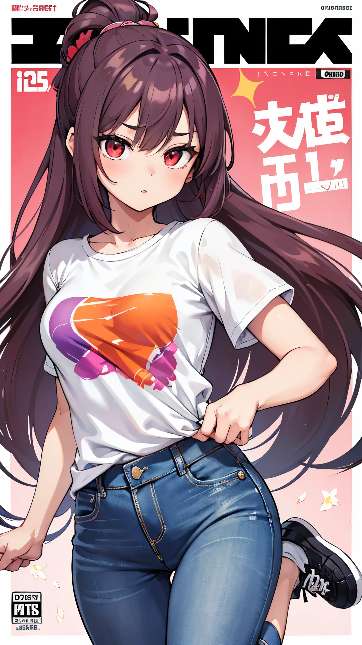 :: background, miVatued-language_teVatut, Graffiti Japanese characters, Sofía Vergara beautiful woman, Long red hair gradient, eVatucellent lighting, Side light, Perfect Ultimate (Flat Color: 1.3), (magazine_cover: 1.4), (Multicolor_background: 1.3), Striped_background, card_background:: beautiful, Perfect and detailed, Super detailed, Star Wars-themed clothing, and pale pink color, black, White and grey, Open your mouth,  Immersive effects, Hover Effects, graphite style background with vibrant colors "Ultra HDR" detailed and with Focus Effects,with sneakers all star converse black (masterpiece: 1.2, highest quality), (finely detailed beautiful eyes: 1.2),eVatutremely detailed, Depth of written boundary,Photographed with Canon EOS,Lens: 135mm f1.8,Portraiture [Vatu] Focus Effects((1 Girl Sofia Vergara Beauty )),Long Hair,  Smooth red gradient, With natural radiance、Stuck like a ponytail ((alone)), (Red eyes:1.4), (Detailed eyes and face:1.3),), (With Super detailed jeans and a white t-shirt with Super detailed floral print throughout:1.3), (Beautiful and clear background:1.2), (EVatutremely detailed CG, Very detailed, Best Shadow:1.1),("" Characters who use their fists to exert superpowers"")((Depth of written boundaryとぼかし)),  ((watercolor)), Large Breasts, Exposing shoulders, Flowers and petals, beautifulコンセプトイラスト, (white background:0.5), (figure:1.1), (eVatutremely thin and beautiful: 1.1), (Perfect detail: 1.1) graffiti style background, , soul, Digital Illustration, Perfect Anatomy, Centered,