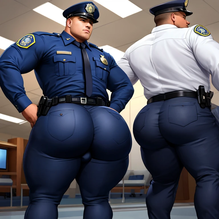 Two male police officers in uniform, huge ass, comically massive ass, tight pants, large boy booty, bubble butt, man bubble butt, thick, thicc, thick thighs, thick ass, athletic, fit, round ass, full ass, wide ass, big bulge, large crotch bulge