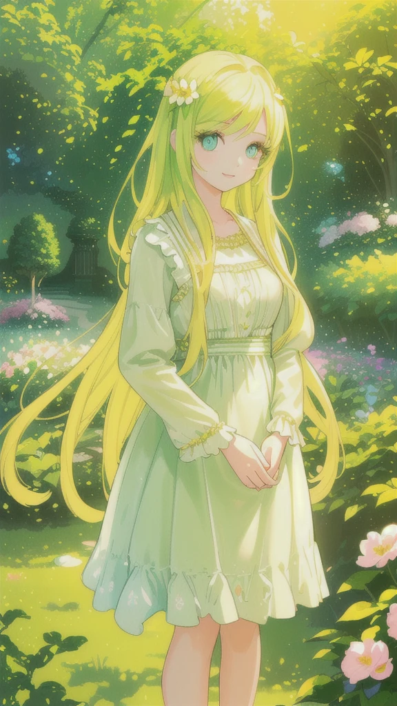 A girl with beautiful detailed eyes, long eyelashes and a serene face, standing in a vibrant garden. The girl is dressed in a flowing, colorful dress, radiating joy and confidence. The garden is filled with blooming flowers of various colors, adding to the enchanting atmosphere. The sunlight filters through the lush green leaves and casts a warm, golden glow on the girl and the surroundings. The scene is captured in a photorealistic style, with ultra-detailed rendering and vivid colors, giving the image a lifelike quality. The overall color tone is vibrant and saturated, enhancing the cheerful and lively ambiance of the garden. The lighting is soft and natural, illuminating the girl's features and highlighting the beauty of the garden. The artwork is a masterpiece of portrait painting, capturing the essence of the girl and the serene beauty of the garden. (best quality, ultra-detailed, photorealistic:1.37), vibrant colors, portraits, flowers, flowing dress, sunlight, garden, joyful.