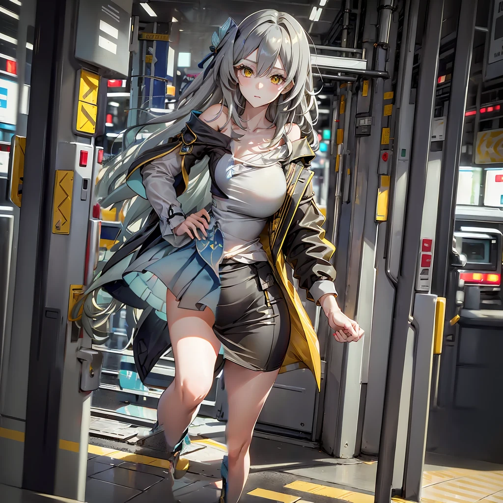 (masterpiece,best quality),best resolusion,1 girl,solo,Firefly character,long gray hair,gray eyes,use hair accessories,wearing a dress with a dominant color of light blue from the chest to the hips with black on the shoulders accompanied by gold patterns,Wearing a two-pronged orange tie,wearing footwear from thigh to toe with a dominant color of dark blue with a little white and gold patterns,normal breasts,beautiful face,beautiful hand, beautiful body,beautiful hair,beautiful eyes,beautiful leg,Colored,half colored