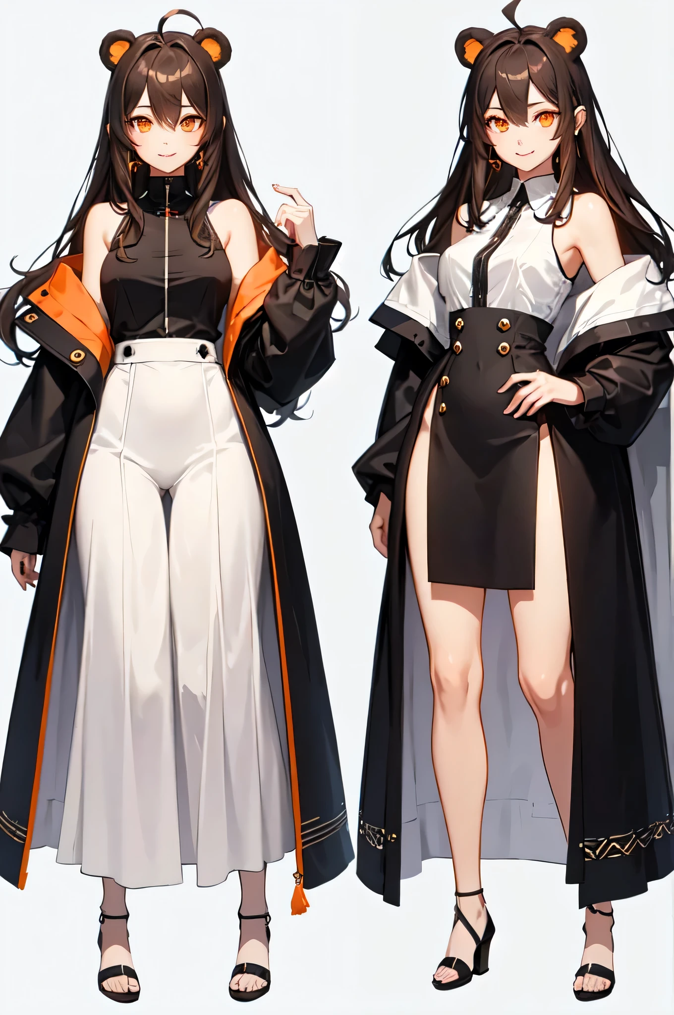 ultra-detailed、((standing))、((((full body))))、((shoes))、(((Simple white background)))、((master piece))、((((best quality))))、((((high resolution))))、One Woman、alone、Brown Hair、Hair between the eyes、Ahoge、(Red-orange eyes)、(glowing eyes:1.233)、(beautiful and detailed eyes:1.1)、Woman with bear ears、smile、cute、Piercings in both ears、Are standing、8K
