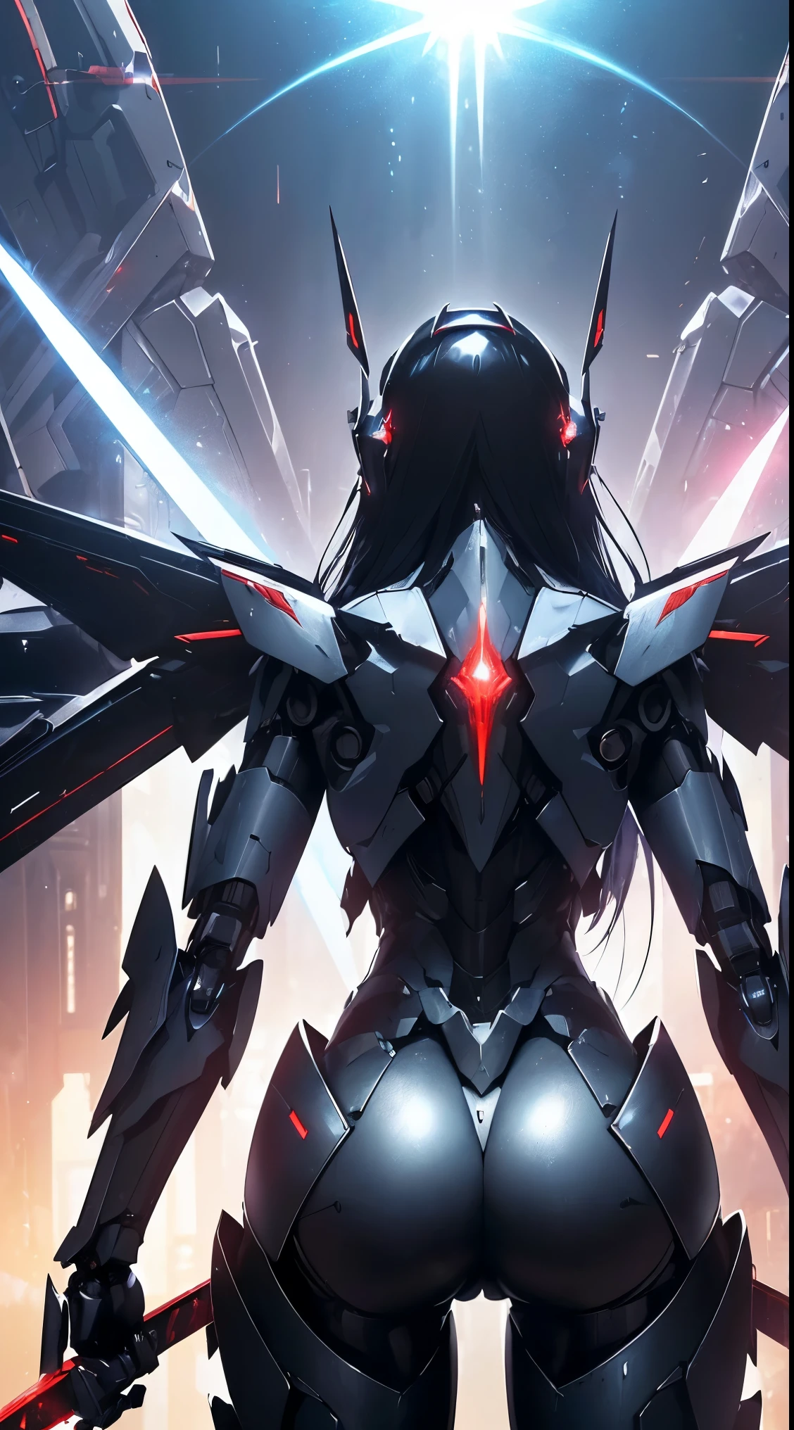 (((Picture from behind:1.6)))、((Lenses shining on both breasts:1.3))、((Red pillars of light are emanating from both chests.:1.3))、((Dynamic pose:1.6))、((Holding a red sword:1.6))、((attack posture:1.8))、((8k)), ((32k)), ((highest quality)), ((masterpiece)), ((超A high resolution)), ((Tmasterpiece)), ((halo:1.4))、((Mechaニカルheadgear:1.2))、((Cyber Headphones:1.3))Fine skin, High quality fabric, Fine metal texture、((Beautiful and dense face))、RAW Photos、Professional, Ultra-fine painting, ((alone)), Beautiful breasts、highest quality, Very detailed, Very detailed詳細, Finer details, so beautiful, ((Jet Black Knight Robot:1.2)), (Joints of machines, Mechanical Limbs:1.3), (The internal structure of the machine is exposed:1.3), (Long black hair:1.1), (Beautiful and huge mechanical breasts)、White Veil, cowboy_shot, Side Focus, headgear, Shiny、(Five Fingers, Four fingers and thumb),Concept Art, Anime fantasy artwork, Detailed fantasy art, (Has light blue-purple hair and black wings,,,,,,), (((Long black hair))), (Mecha:1.6)、Sleek and intimidating design, (Jet black perfect robot body)、Jet black and reddish purple arms or, Symmetrical wings, 8k high quality detailed art, 3D rendering of character art in 8K, neat legs, Defined, Defined fingers,((headshot:1.6))