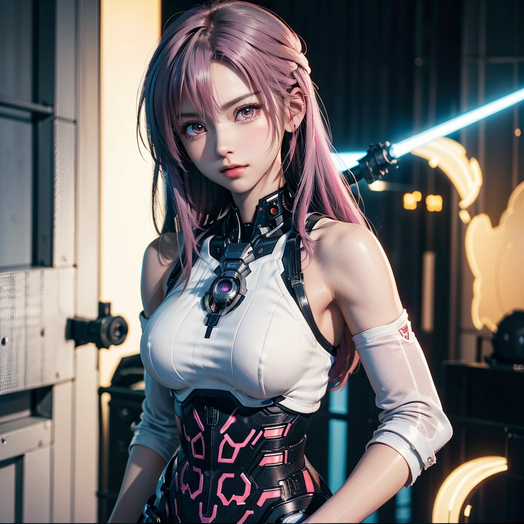 1girll,araffed robot with a gun and a gun in its hand, Seductive body,Super cute girl,Monster background,Godzilla background,Huge mech back, female mecha, wlop and krenz cushart, 4k highly detailed digital art, anime robotic mixed with organic, High quality digital concept art, by Krenz Cushart, cyberpunk anime girl mech,Pink and white mech, girl in mecha cyber armor, Impressive face, delicated face,facial closeups,Elaborate Eyes, Handsome fighting stance,Particle,High detail in light and shadow,Push back feeling,future warrior,Exquisite body details,Best Tech Poster,Best 4k anime wallpapers,Reasonable body structure,Short pink and white hair,Hair details of the mechanism,Reasonable body structure,laser,wing,Cool weapon,A body,Reasonable body structure
