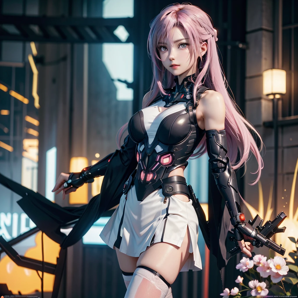 1girll,araffed robot with a gun and a gun in its hand, Seductive body,Super cute girl,Monster background,Godzilla background,Huge mech back, female mecha, wlop and krenz cushart, 4k highly detailed digital art, anime robotic mixed with organic, High quality digital concept art, by Krenz Cushart, cyberpunk anime girl mech,Pink and white mech, girl in mecha cyber armor, Impressive face, delicated face,facial closeups,Elaborate Eyes, Handsome fighting stance,Particle,High detail in light and shadow,Push back feeling,future warrior,Exquisite body details,Best Tech Poster,Best 4k anime wallpapers,Reasonable body structure,Short pink and white hair,Hair details of the mechanism,Reasonable body structure,laser,wing,Cool weapon,A body,Reasonable body structure