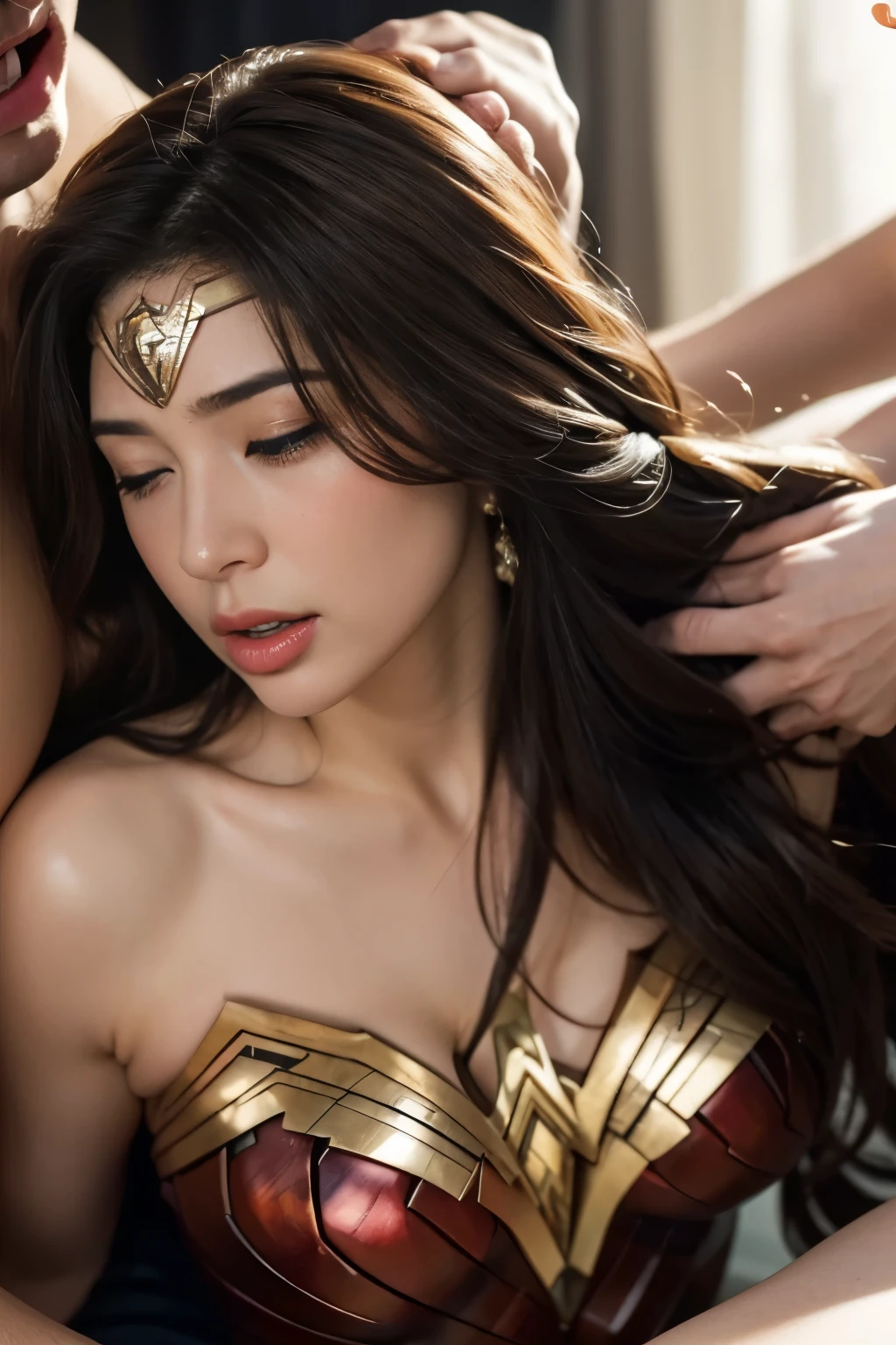 私はWonder Womanです、完璧なWonder Womanの衣装,On all fours,押しDefeated,Defeated,A man mounts me、Hug from the front,お姫様Hugged,Hugged,Being strangled,You can hold it,Leaning on the man,Hugged,Can be lifted,Men lick my face with their tongues,The guys lick my head with their tongues,Men lick my hair with their tongues,My body is licked by men,sleeping face,Close ~ eyes,Open your mouth,Tired face,Face of Suffering,sleeping face,Being slapped in the face,Getting punched in the face,Fighting with men,Fight with the men,Surrounded by men,,Caught between the men,Being held back by men,Entanglement with males, Attacked by men,Brown Hair, masterpiece、beautiful girl、fine 目、puffy eyes、highest quality, 超High resolution, (reality: 1.4), Cinema Lighting,so beautiful、Beautiful Skin、(超reality的な)、(High resolution)、(8k)、(Very detailed)、(beautiful and fine 目)、(Very detailed)、 Detailed face、Diagonal bangle hair、Brown Hair、20-year-old、Wonder Womanのコスプレ,Wonder Woman