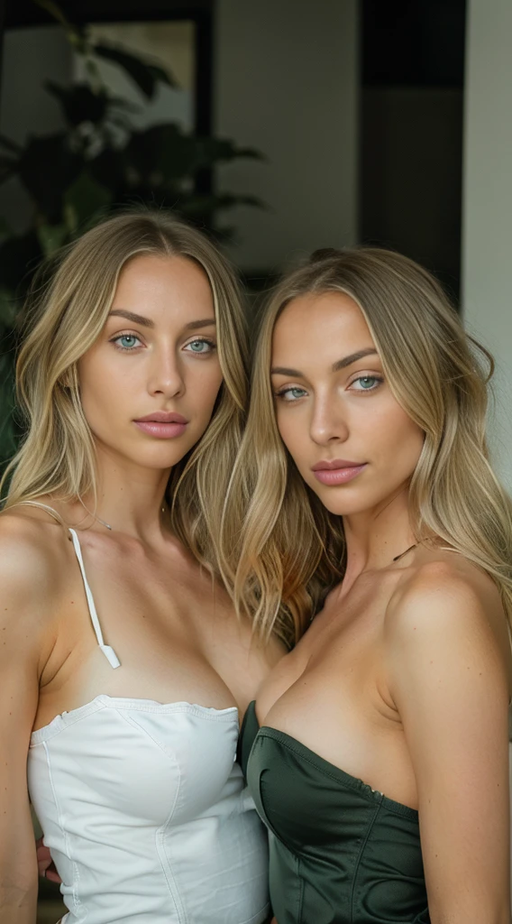 2girls, (Helena Lovista) photo of two stunningly beautiful women, 24 years old and 31 years old, perfect trim bodies, big green eyes, long breezy blonde hair, green eyes, blonde hair, (realistic:1.3), finely detailed, quality, Rembrandt lighting, (masterpiece:1. 2), (photorealistic:1. 2), (best quality), (detailed skin:1.3), (intricate detail), dramatic, ray tracing, 2girls, American white girls, blonde hair, 24 years old and 31 years old, medium breasts, (studio)