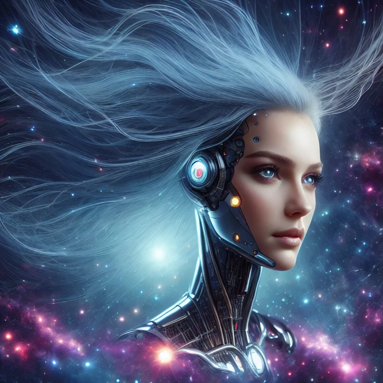 (masterpiece, best quality:1.2), 1girl, solo, a woman with a futuristic head and a futuristic body, cyborg goddess in cosmos, portrait beautiful sci - fi girl, cyborg - girl with silver hair, beutiful girl cyborg, beautiful female android, beautiful android woman, cyborg - girl, cyborg girl, portrait of female humanoid, beautiful cyborg girl, sci-fi digital art, beautiful female android!