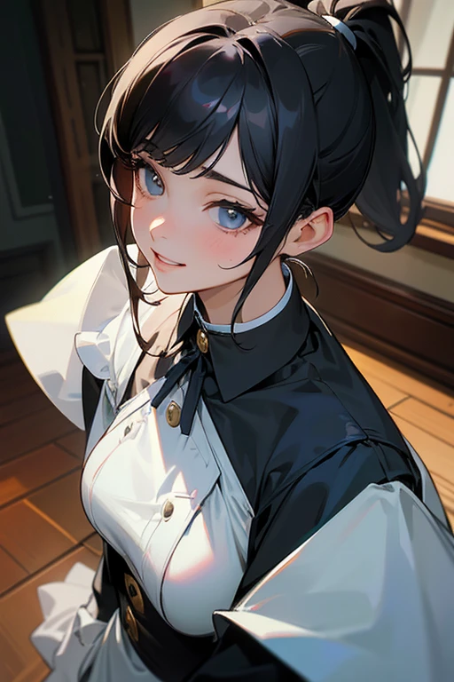 (Highest Resolution, clear_image) highest quality, Single person, One Woman, alone, masterpiece, Very detailed, Semi-realistic, Black Hairのショートヘア, Black Hair, bangs, 18-year-old, mature, light blue uniform, uniform, Indoor Background, kind, Authoritative, Powerful, exquisite features, exquisite features、Eyelashes become longer、Showing teeth、smile😀、Maid clothes、ponytail、Medium breast、