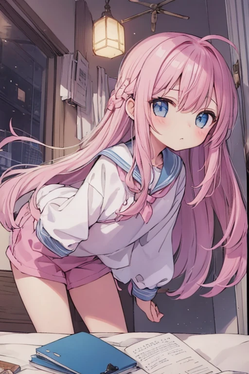 Beautiful illustrations, highest quality, (:1.4)、(pretty girl：1.5)、、Flat Chest、Sailor collar、(White long tunic)、Long sleeve sailor suit、Blue-line cuffs、(Pink Chino Shorts：1.7)、(Pink shorts with wide openings：1.6)、Gap between thigh and pants、Thin thighs、White socks、 Cinema Lighting, (Pink Long Hair)、Pink Straight Hair、Redness on the cheeks、(Braiding of the back of the head)