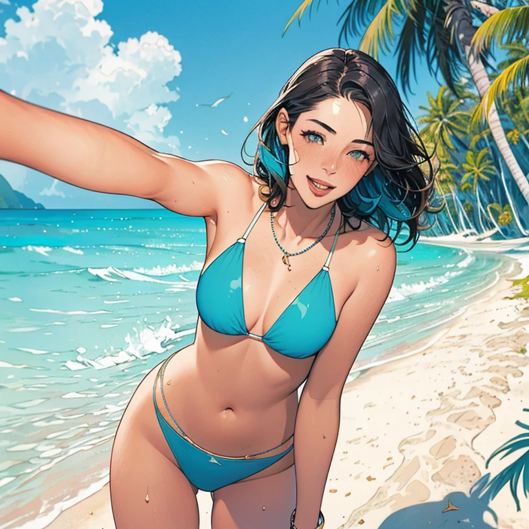 A beautiful young woman, combination of (Ashley Greene:0.9),(Mackenzie Foy:0.7), (Selma Blair:0.8), smiling having fun, in a colorful swimsuit playing with a beach ball, crystal clear turquoise water, palm trees swaying in the gentle breeze, white sandy beaches stretching for miles, vibrant tropical flowers, sun-kissed skin, joyful laughter, summer vibes, perfect waves for surfing, soothing sound of ocean waves crashing, vibrant sunset colors reflecting on the ocean, refreshing cocktails, laid-back atmosphere, happy holiday vibes