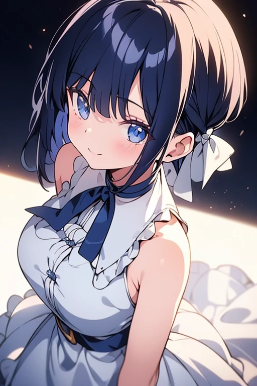 (One girl), (alone), (Focus on women), Focus on the face, blue eyes, navy hair, short hair, white one side hair ribbon, shiny skin, cowboy shot, blunt parted bangs, 1ahoge, standing, shy,idol dress,seductive smile, make out,POV,from behind,from above,