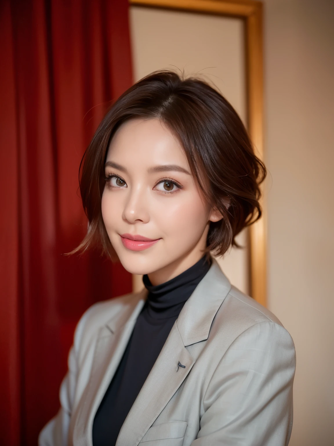 masterpiece,highest quality, (One mature woman、42 years old), ((close:0.5)), ((Cross Arm)), Glare, Grey blazer, White shirt, double eyelid, eyelash, Lip gloss, (smile:1), ((close your eyes:0.85)), ((Looking at the audience、Whole body image、Are standing)), to be born, (From above:0.2), ((no one)), (office)、(Knee-length、Knee-high boots)、Written boundary depth、尖ったRed Mouth、(Reddish brown wet shiny short hair,,,,,,,,,),Red Mouth,clavicle、Full body portrait、Digital Illustration, (Photorealistic:1.3),(RAW Photos.)