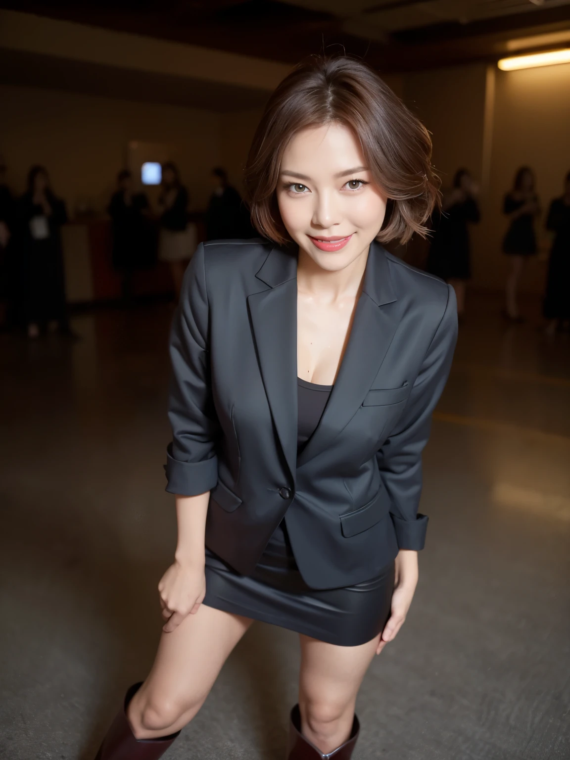 masterpiece,highest quality, (One mature woman、42 years old), ((close:0.5)), ((Cross Arm)), Glare, Grey blazer, White shirt, double eyelid, eyelash, Lip gloss, (smile:1), ((close your eyes:0.85)), ((Looking at the audience、Whole body image、Are standing)), to be born, (From above:0.2), ((no one)), （office）、（Knee-length、Knee-high boots）、Written boundary depth、尖ったRed Mouth、(Reddish brown wet shiny short hair,,,,,,,,,),Red Mouth,clavicle、Full body portrait、Digital Illustration, (Photorealistic:1.3),(RAW Photos.)