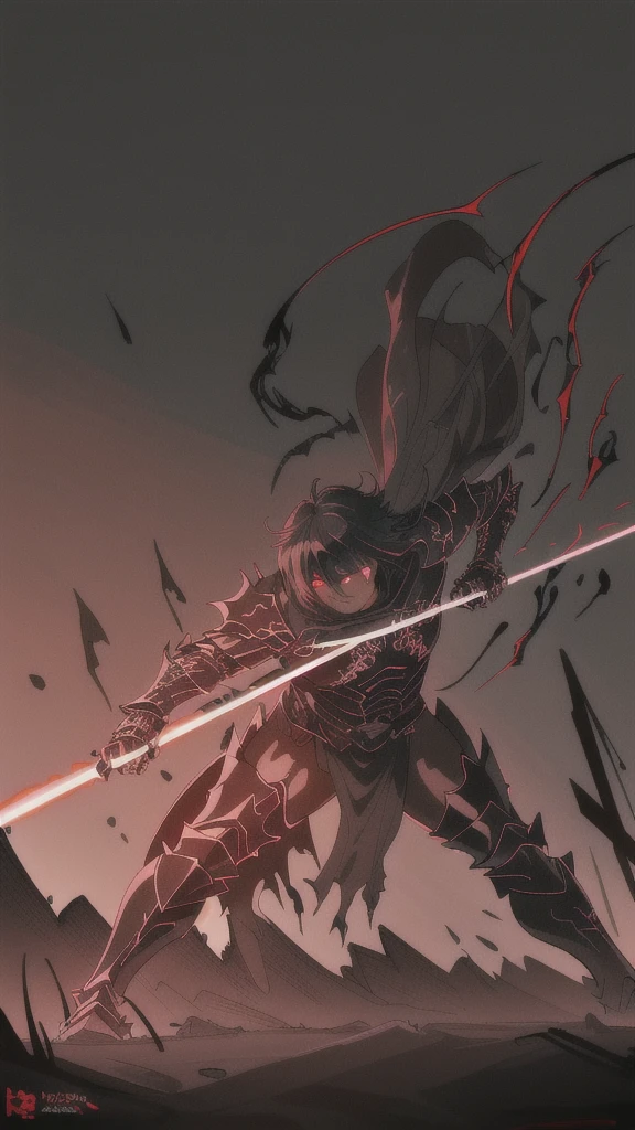 a black swordsman, dual-wielding swords, anime, intense action, detailed armor, glowing red eyes, dark and moody atmosphere, dramatic poses, dynamic movement, epic battle scene, stunning visual effects, high-res masterpiece:1.2, vivid colors, intricate swordplay, intense focus, sharp shadows, stylized art, strong sense of motion, cinematic lighting