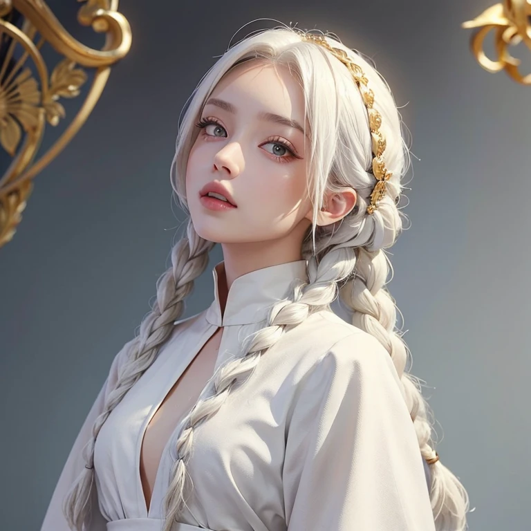 best quality, masterpiece,white hair, gold eyes,white clothes, looking up, upper body,hair strand,Fair skin,side braids