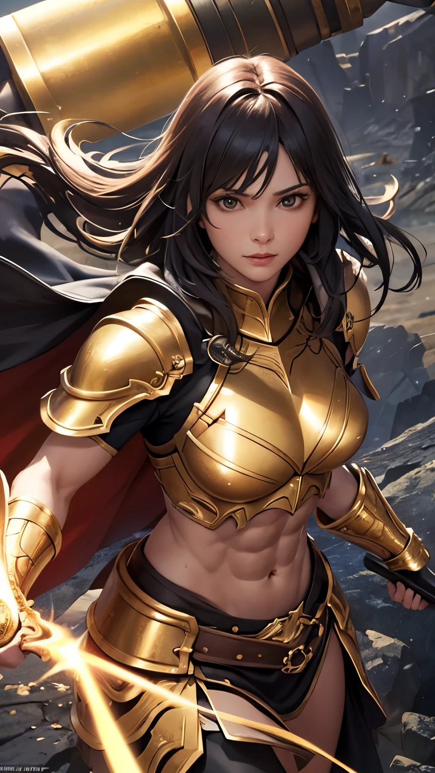((Toned Abs)), 8k, Ultra high definition, Mask Pieces, highest quality, (Very detailed), Dynamic Angle, Mysterious look, Wind-effect, Fantasy background, Rim Light, Cinema Lighting, Ultra-high resolution, 8k UHD, Film Grain, Better Shadows, kind, born, Light Particles, Detailed skin texture, Detailed Armor Textures, Detailed face, Complex詳細, Very detailed, bright, strong, Golden Armor, (Gripping the hammer), Slashing, Crushing Action, Shoulder rest, Long Cape, Fantasy, (Realistic), Pauldrons, Complex, Complex, Perfect lighting, Audience, Cinema Lighting, flight Keywords: flight, Holy Light, Vibrant, bangs, Wind, Paladin