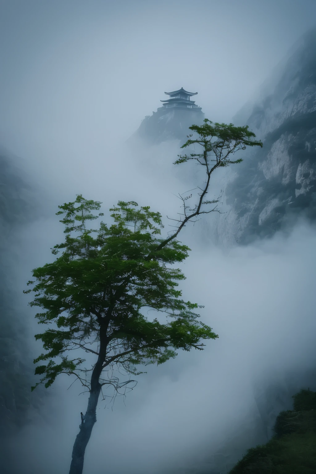 scenery,tree,no humans,outdoors,waterfall,east asian architecture,mountain,fog,nature,rock,sky,