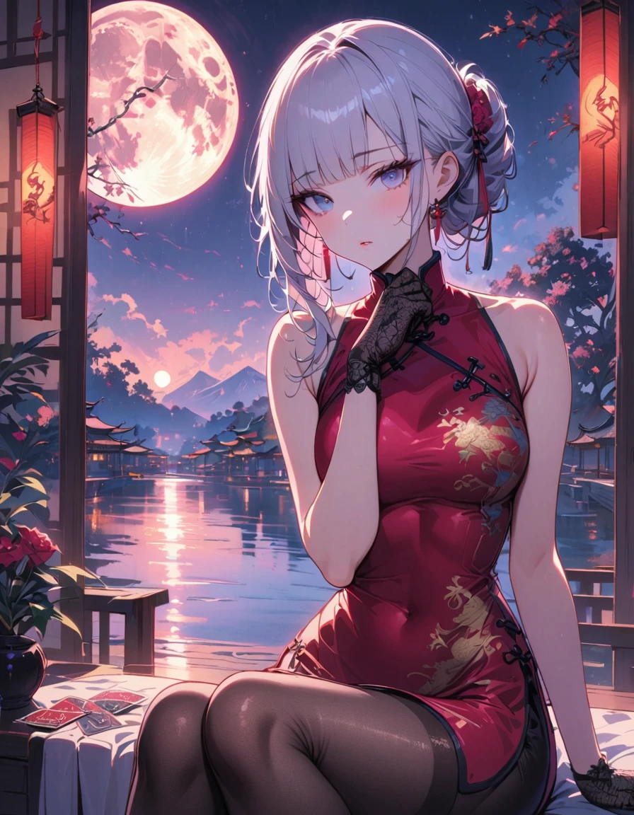 masterpiece, highres, the best, night, full moon, 1 adult woman, solo, standing in water, Chinese Architecture, cheongsam, red China lingerie, Royal sister, blushing, woman with long silver hair, light pink lips, fishnet stockings, calm, intellectuals, Three bangs, lace gloves, grey eyes, lake view, facial details, ((sfw)), 