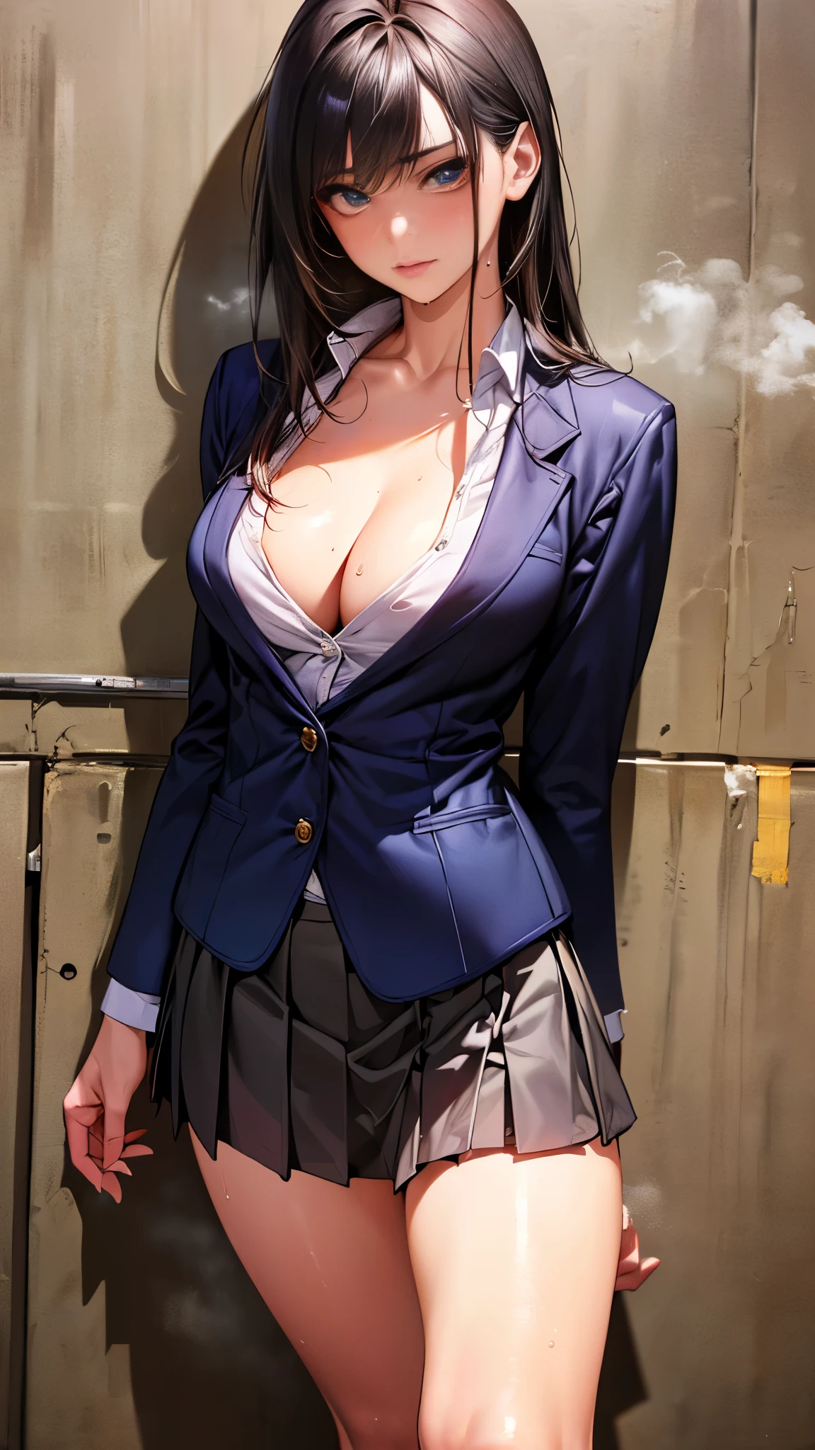 ((perfect anatomy:1.2,realistic:1.3,RAW Photography:1.3,masterpiece、highest quality、Ultra - High resolution、High resolution、Highly detailed CG、8K)),cowboy shot,1 female,solo,18-year-old、High school girl beautiful girl,Japanese,((beautiful detailed face and eyes:1.2,big gorgeous eyes:1.3,)),slender body,small head:1.3,skinny, (oily skin,gleaming skin,shiny skin,sweat:1.2),(school uniform、Dark blue blazer jacket、pleats mini skirt),standing,dirty back alley、at night、Tokyo、(((Big Breasts、Big cleavage)))、sexy、((steam,sweat,Vulgarity))
