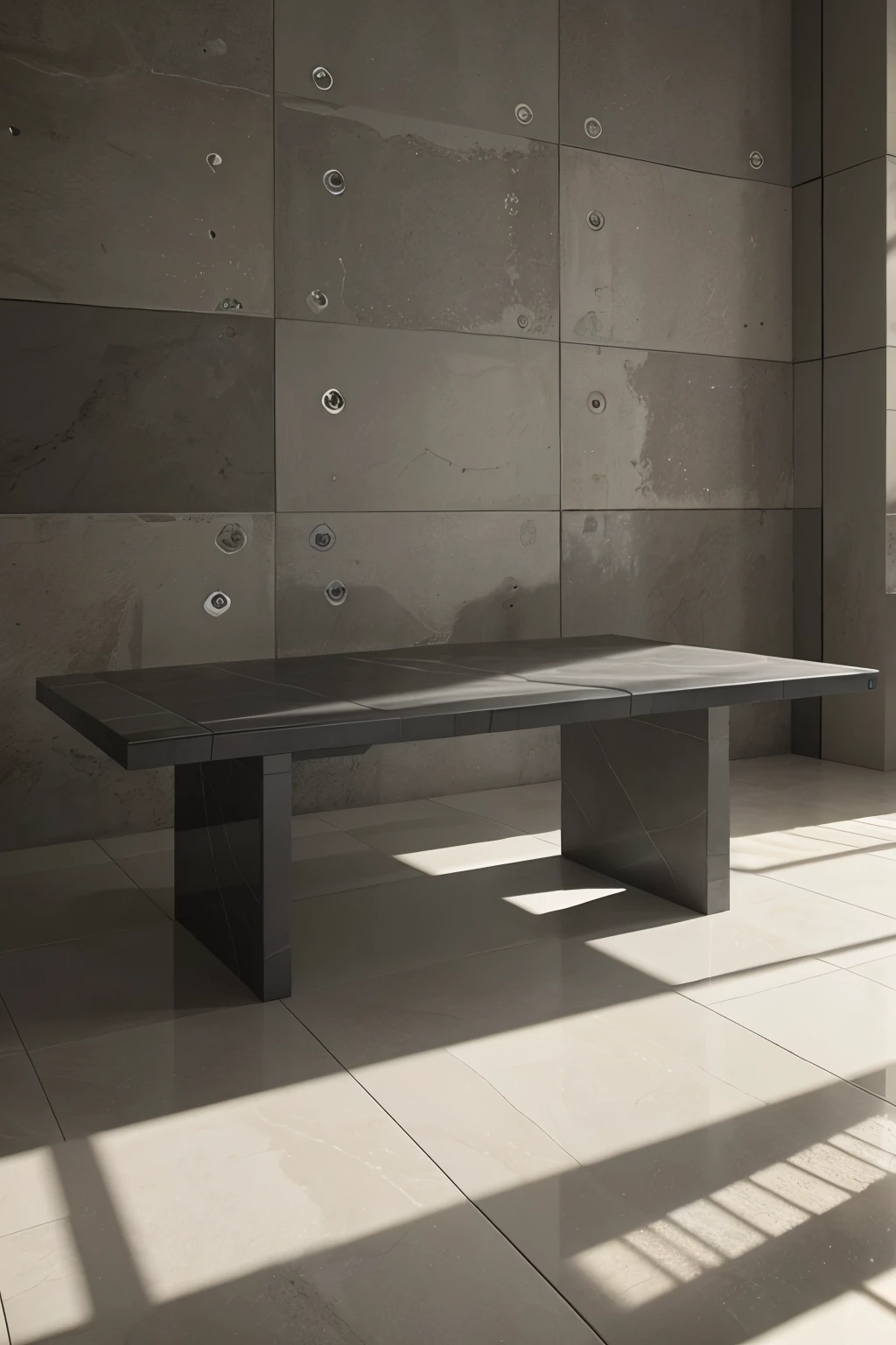 A rectangular table, made of large tiles, the base and surface of tiles, in an environment with gray colors, with attractive light and shadows, very realistic, high quality