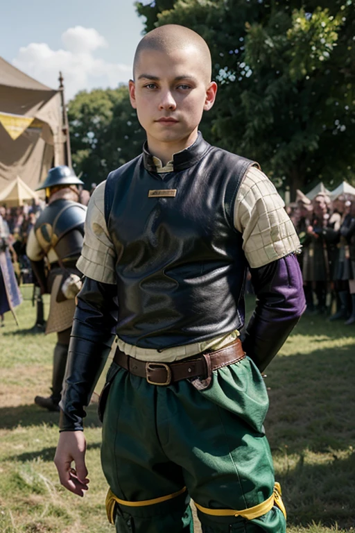 Aegon, a boy of 12, large dark purple eyes, pasty faced, skinny, shaved head, proud look, wearing a medieval doublet checkered yellow and green, yellow breeches, leather boots, background a medieval tournament field