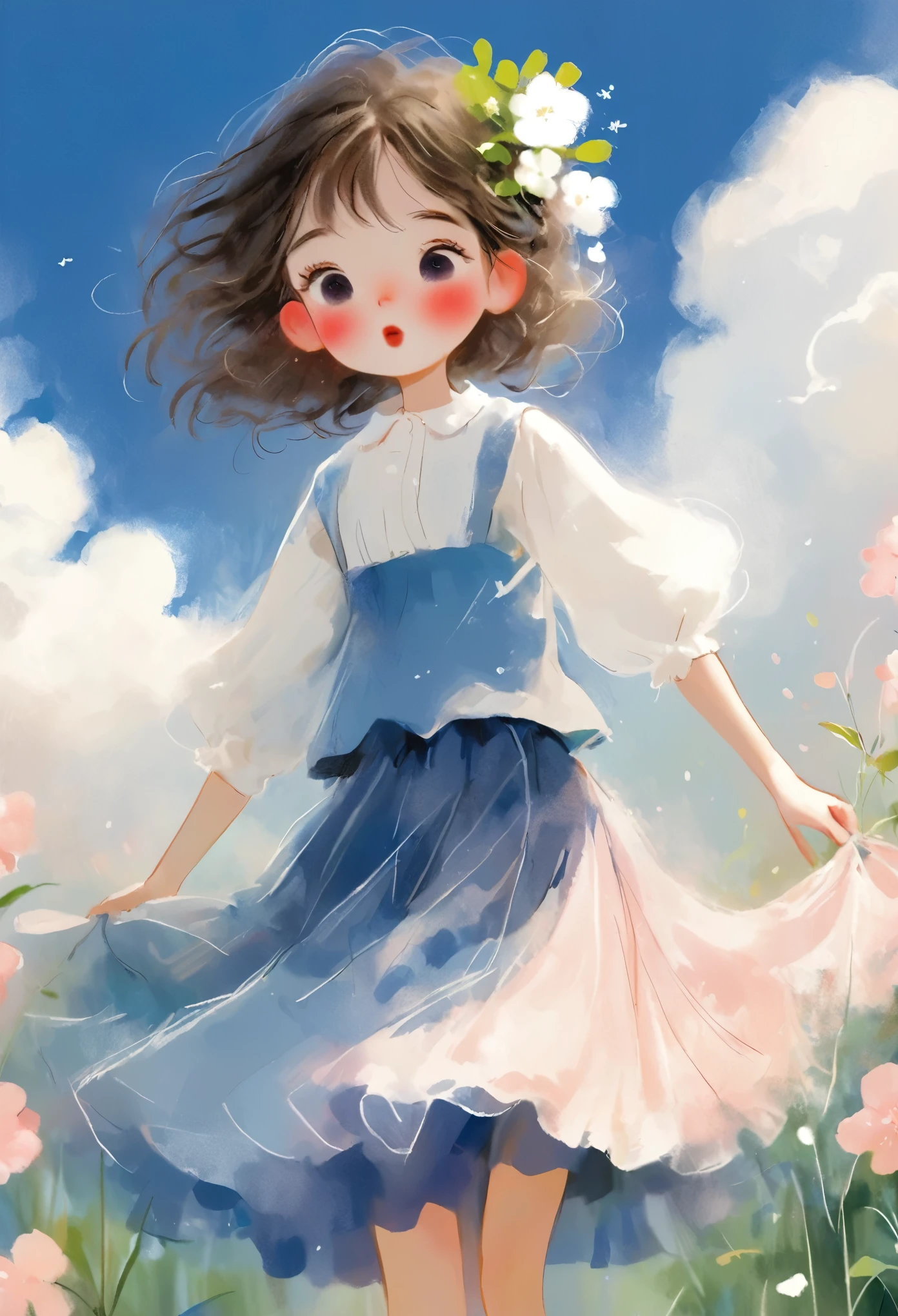 (best quality,sketch,Hand-drawn style:1.2),rough texture,1 Girl,elegant,blush,手捧flower束,Weaving,cloud,daytime,skirt,flower,Sky