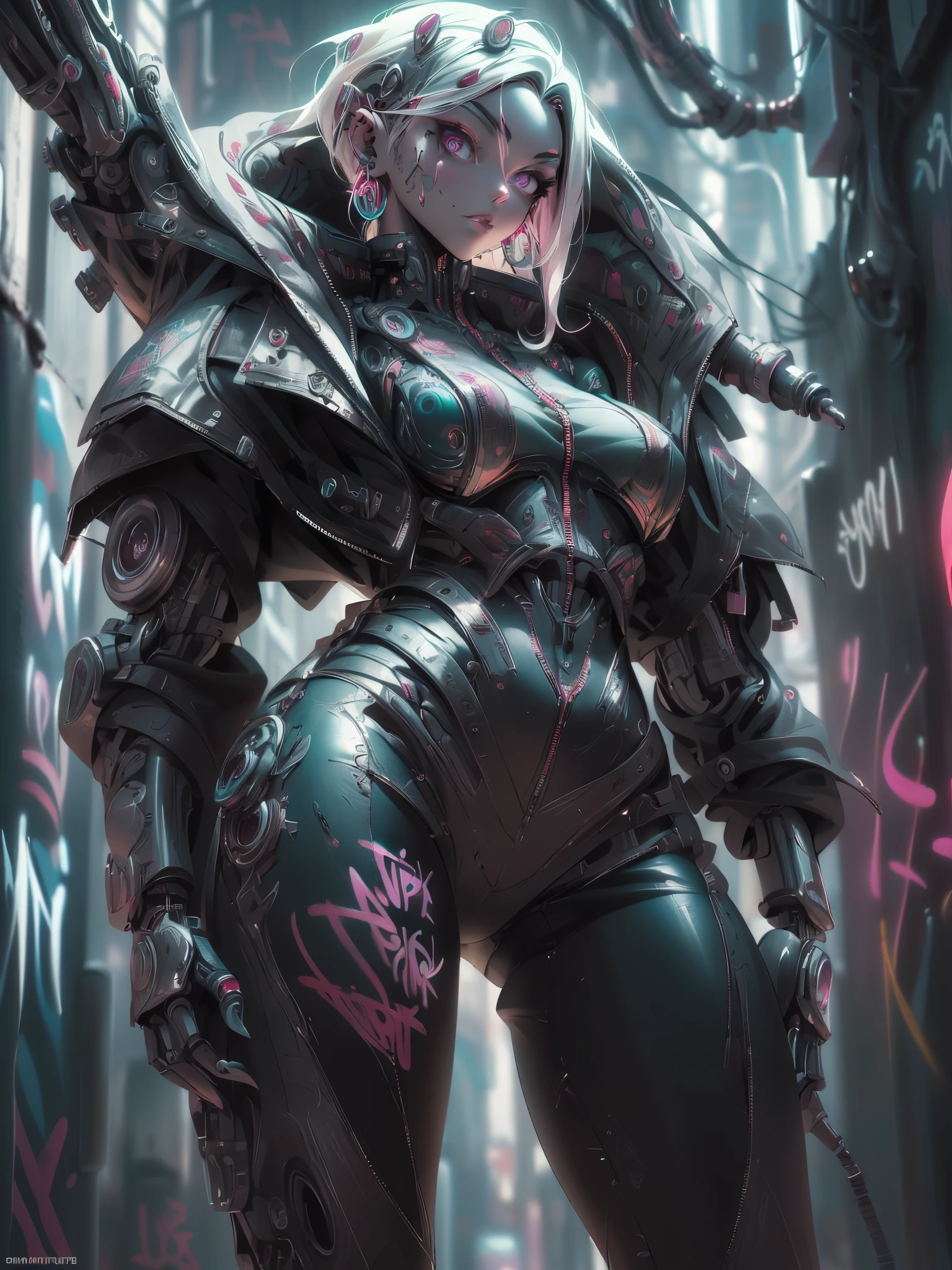 Hint for this topic: (One cyborg girl, Harajuku jacket, tight-fitting overalls, cyberpunk ((combat armor)), (graffiti: 1.5), standing in cyberpunk street, dynamic pose, looking at the viewer, armband, head tilt, black hair, sea green eyes). “black, death scythe, hellish horror, view, torn clothes, looking down, illustrations, high resolution, ultra detail, dark fantasy, sharp focus, vibrant colors, dramatic lighting, bokeh.” ". female robot pilot, mechanical creature, electronic wires transmit computer nerves, girl's face, dystopian surrealism, Alex Rice Zdzisaw Beksinski Giger, very intricate details, Chinese woman demon, deep glowing eyes contain galaxies, head contains nebula, deep aesthetics, concept art, carved silver circuits, diodes, resistors, semiconductors, ornate.