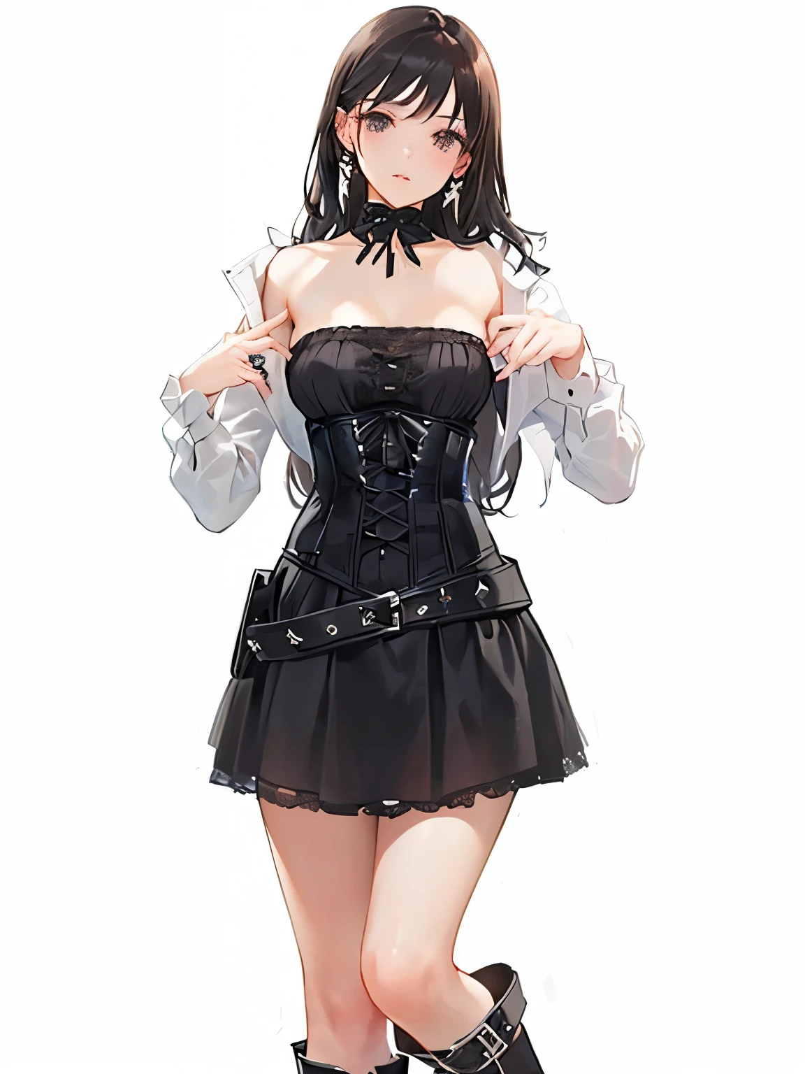 arafed woman in a black corset and boots posing for a picture, dark gothic dress, wearing a gothic dress, goth punk clothes, gothic clothes, gothic dress, gothic clothing, black dress with belt, wearing modern gothic clothes, corsets, elegant corset, mini-skirt