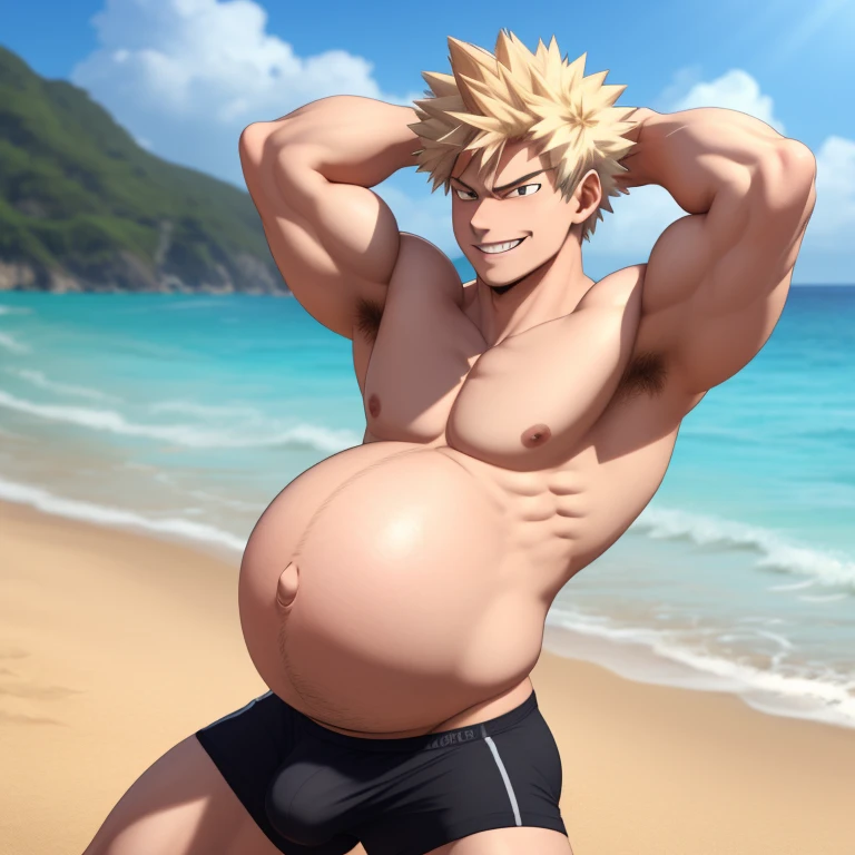masterpiece, 3d, Bakugo Katsuki, muscled, chilling at the beach, no shirt, pregnant, big pregnant, belly, hands on back of head, only wearing a black underwear with an orange cross shape on the centre of the underwear, light smile