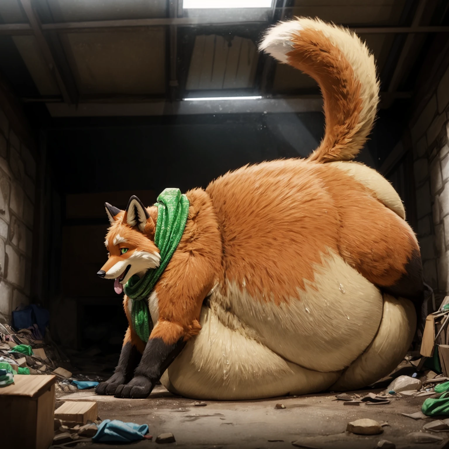 A very obese male red fox、All fours pose、Knee on the ground pose、Very short legs、Wet tongue、The face of a barking red fox、Anime-style emerald eyes、A body covered with a lot of fat、Abnormally obese head、A lot of fat on the neck、A belly so obese it covers the ground、Fat gap、Abdomen swollen enough to touch the ground、A huge, mountain-like swollen abdomen、Abnormally fat arms、Overweight and flabby legs、A body that seems to be crushed by a huge abdomen、A body that fills the screen、In a very dirty room、Rubble background