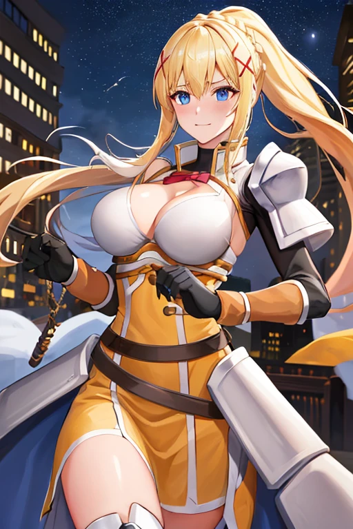 highest quality, High resolution, One girl, Long Hair, Blonde, x hair ornaments, armor, blue eyes, Wolf Cut, hair ornaments, gloves, shoulder armor, Braiding, black gloves, Scapula, White boots, darkness \(KonoSuba\), Large Breasts, Cowboy Shot, city, Outdoor, Embarrassed,
