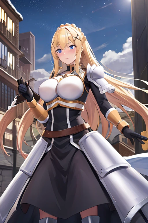 highest quality, High resolution, One girl, Long Hair, Blonde, x hair ornaments, armor, blue eyes, Wolf Cut, hair ornaments, gloves, shoulder armor, Braiding, black gloves, Scapula, White boots, darkness \(KonoSuba\), Large Breasts, Cowboy Shot, city, Outdoor, Embarrassed,